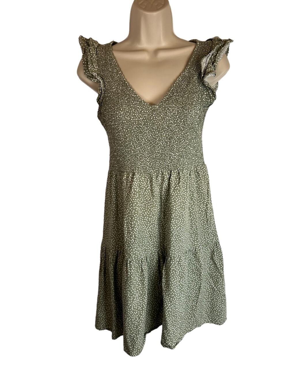 LOFT Ann Taylor Petite Smocked Dress XSP Green Ruffle Sleeve Cottagecore